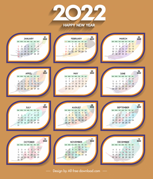 2022 calendar cover template rounded shapes elegant feathers 