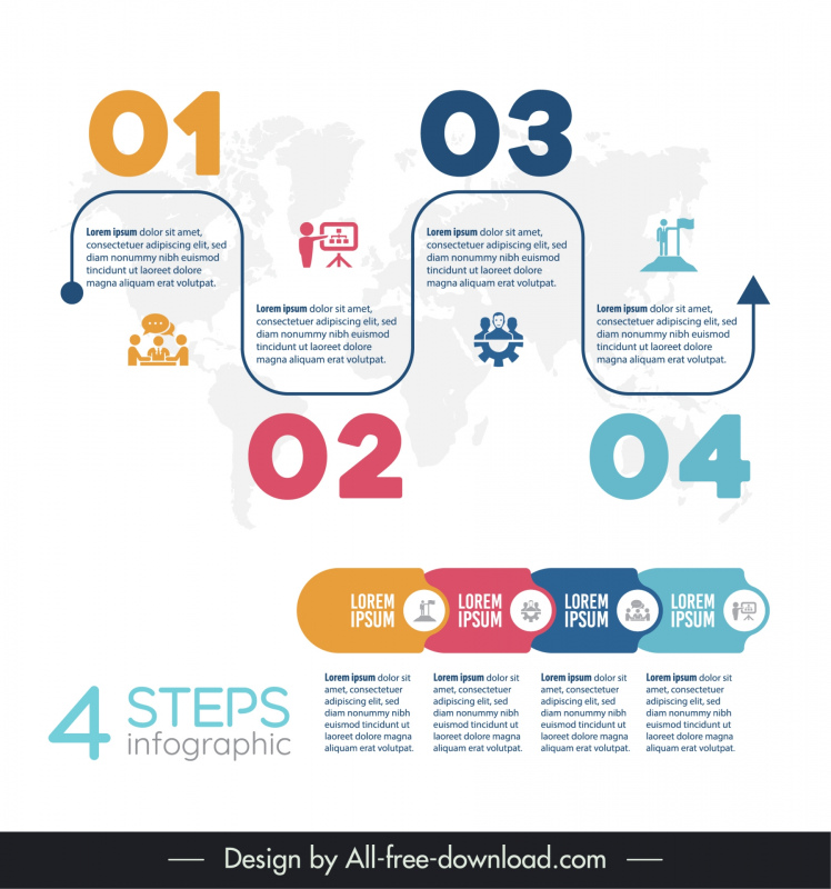 4 steps infographic design elements flat curved line global map 