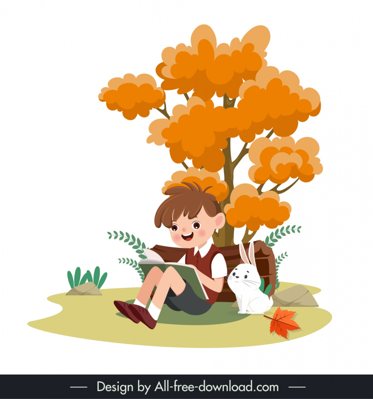 autumn design elements boy reading book bunny cartoon  