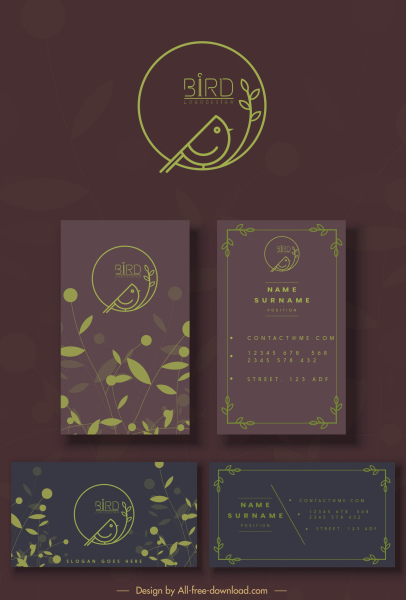 business card template dark handdrawn bird leaves sketch 
