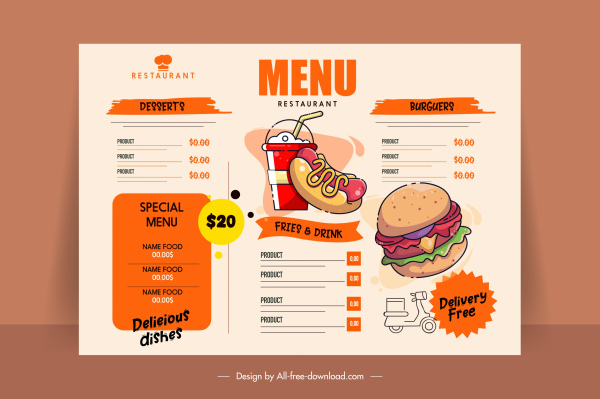 fast food menu template flat handdrawn retro design 