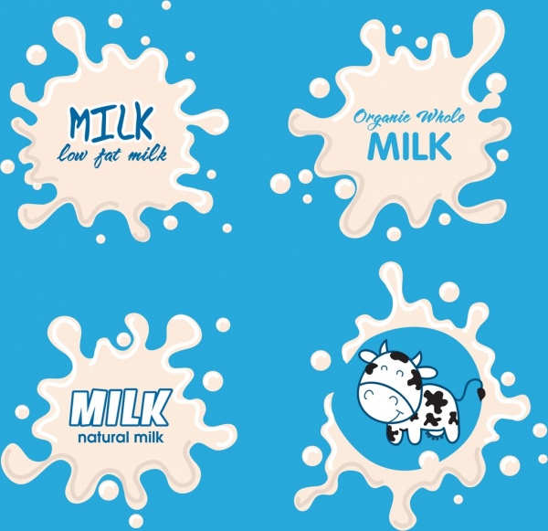 fresh milk design elements splashed liquid cow icons 