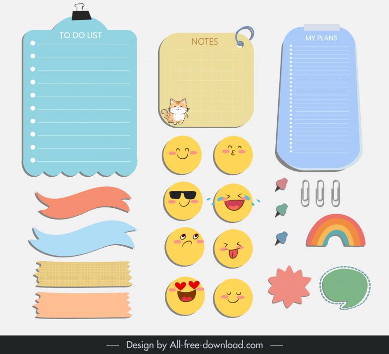  planner sticker notepad design elements cute emoticon papercut shapes 
