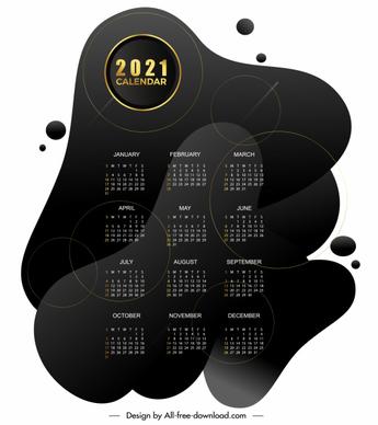 2021 calendar template black deformed shapes decor