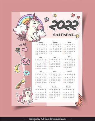 2022 calendar template cute handdrawn unicorn sketch