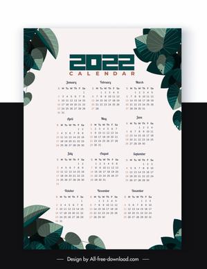 2022 calendar template elegant leaves decor
