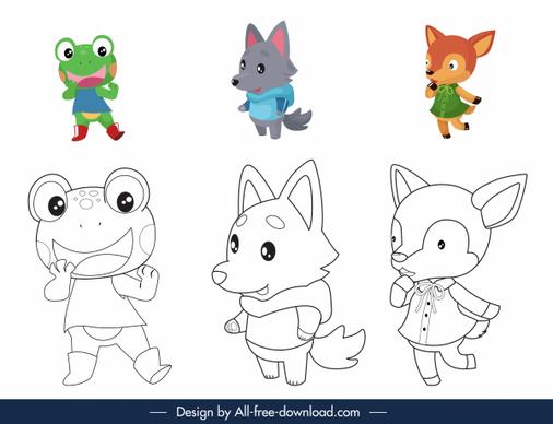 animals coloring book elements cute stylized cartoon characters