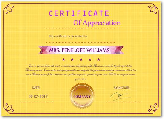 appreciation certificate vector illustration with yellow background