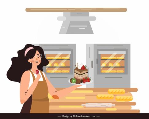 bakery work background lady cook cake icons