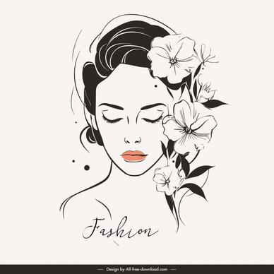 beauty design elements girl face flowers line art  