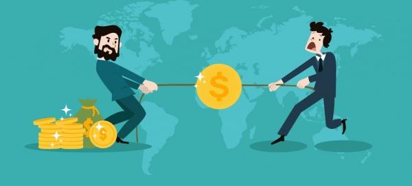 business competition concept men draging coins icons