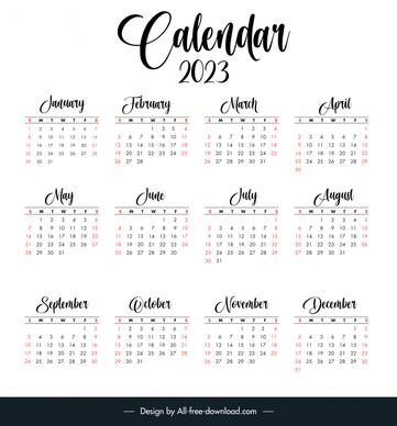 calendar 2023 template elegant plain calligraphic texts decor