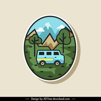 camping  label template classical flat van natural scene 