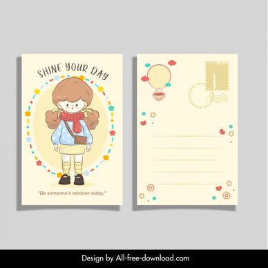 childhood postcard template cute cartoon girl stars decor
