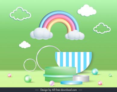 children backdrop template 3d podium geometry rainbow clouds