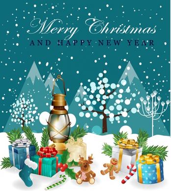 christmas banner gifts lamp doll icons snowy background