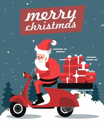 christmas banner santa claus motorbik gift boxes icons
