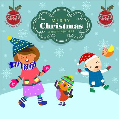 christmas card design with human and stylized animals