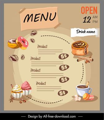 dessert menu template classical handdrawn cakes coffee sketch