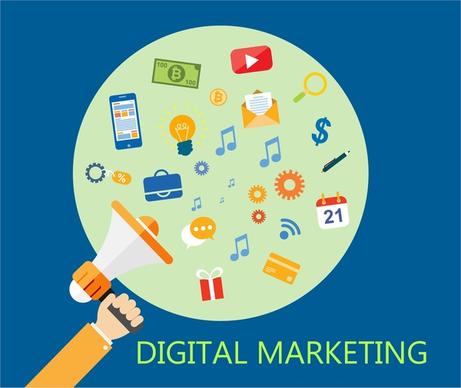 digital marketing concept with peaker and icons illustration