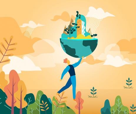 environment banner man holding globe icon cartoon design