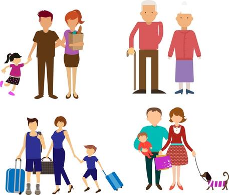 family icons collection in flat color style