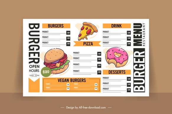 fast food menu template classical handdrawn sketch