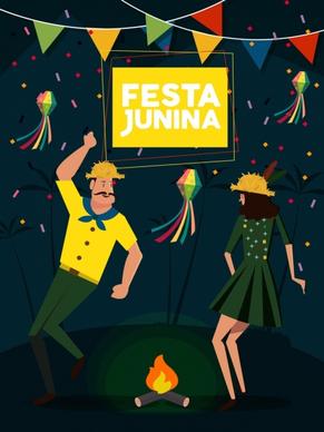 festival background dancing couple ribbons icons cartoon design