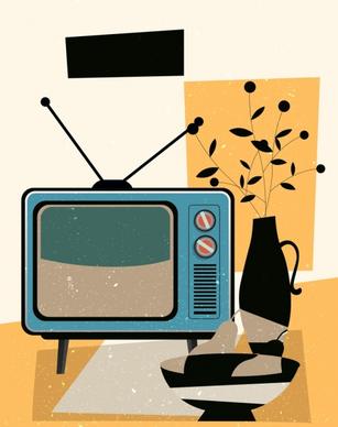furniture background television flowerpot icons colored retro design