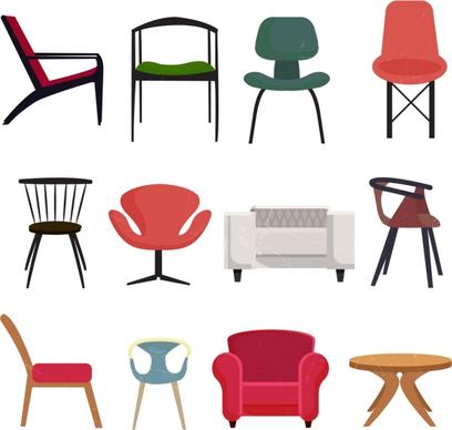 furniture chairs icons collection various colored types