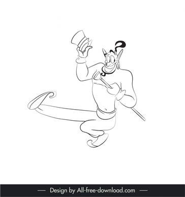 genie aladdin cartoon character icon black white handdrawn outline