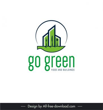 go green eco suisse logo template flat classical circle building fork knife sketch 