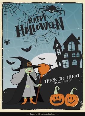 happy halloween trick or treat poster flat retro silhouette horror elements sketch 