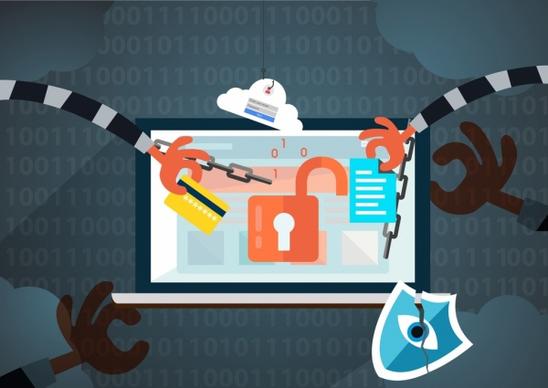 internet crime concept background thief hands lock icons