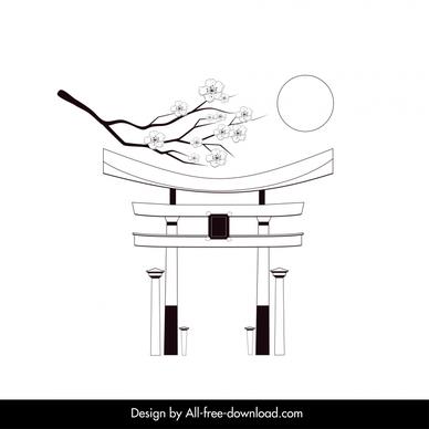 japanese design elements black white classic temple gate sakura flower sun sketch