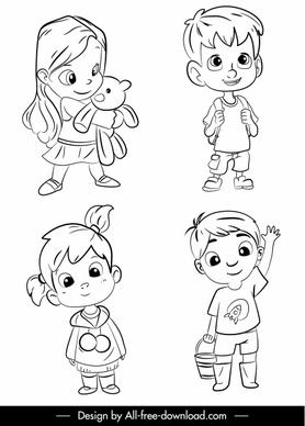 kids icons cute cartoon sketch black white handdrawn