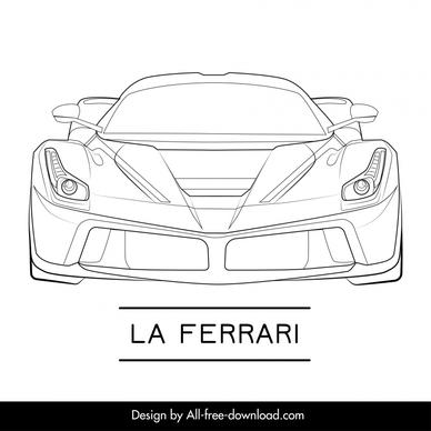la ferrari car model icon flat black white handdrawn front view outline