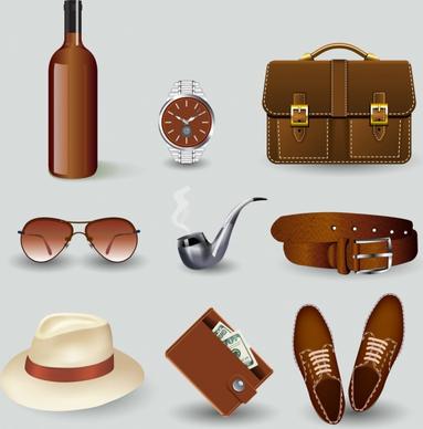 male fashion accessory icons 3d colored design