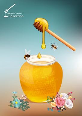 natural honey advertising jar bees flowers icons decor
