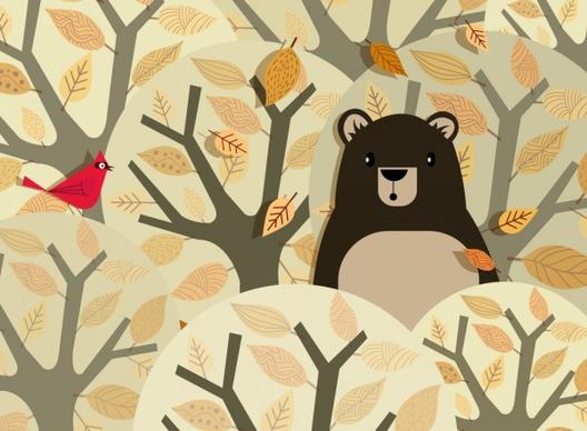 nature background bear bird leaves trees decor