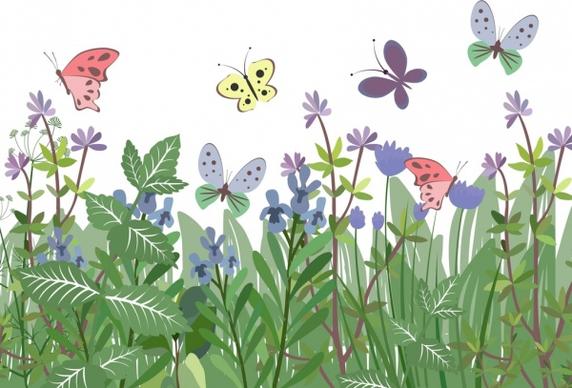 nature background colorful butterflies green plants icons