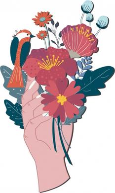 nature background hand flowers bird icons decor