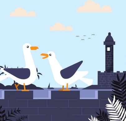 nature painting perching seagulls wall icons classical design