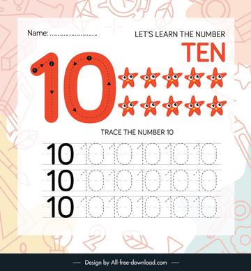 number ten worksheet for kids template cute starfish sketch