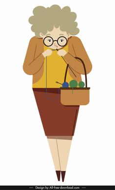 old woman icon knitting job sketch cartoon character