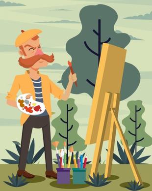 painter work drawing moustache man icon colored cartoon