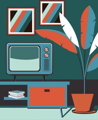 room interiors drawing flat retro design