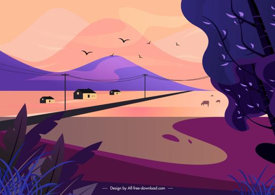 rural landscape painting dark colorful classical design