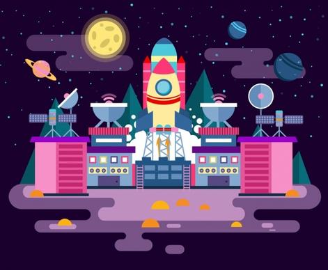 space science background station spaceship satellite planets icons