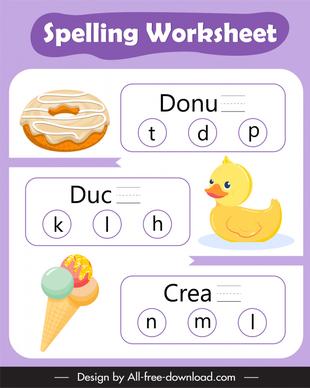 spelling worksheet for kids template flat donut duck ice cream texts blank sketch